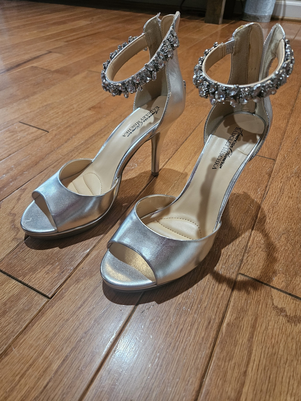 Badgeley Mischika Silver Embellished Ankle-Strap High Heels